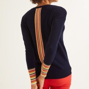 Boden Navy Sweater with Multicolor Stripe Back and Cuffs